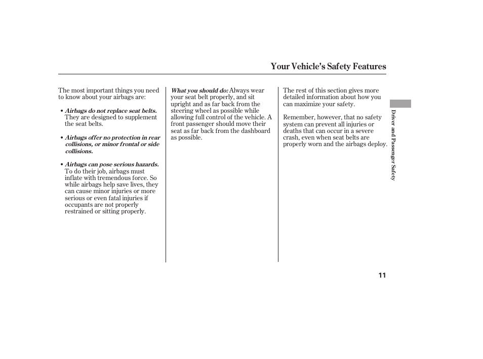 Your vehicle’s safety features | HONDA 2010 CR-V User Manual | Page 17 / 446