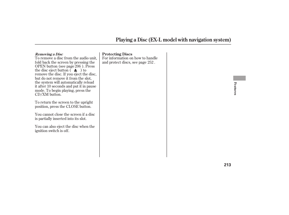 Playing a disc (ex-l model with navigation system) | HONDA 2010 CR-V User Manual | Page 219 / 446