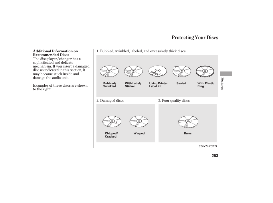 Protecting your discs | HONDA 2010 CR-V User Manual | Page 259 / 446