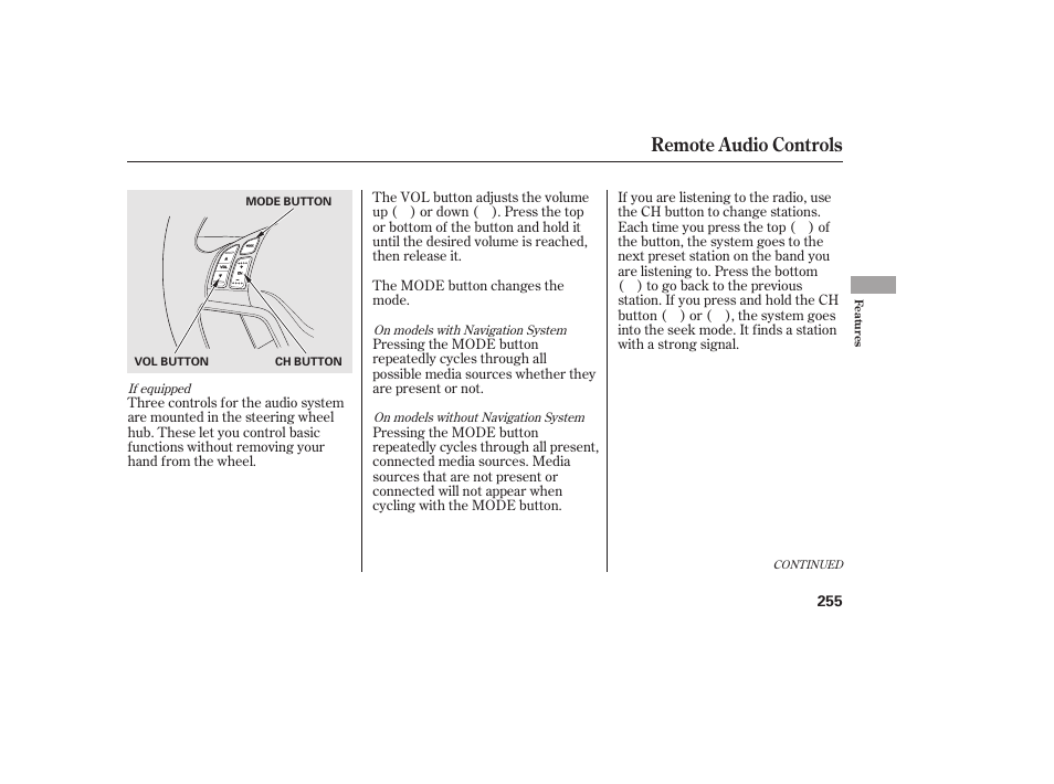 Remote audio controls | HONDA 2010 CR-V User Manual | Page 261 / 446