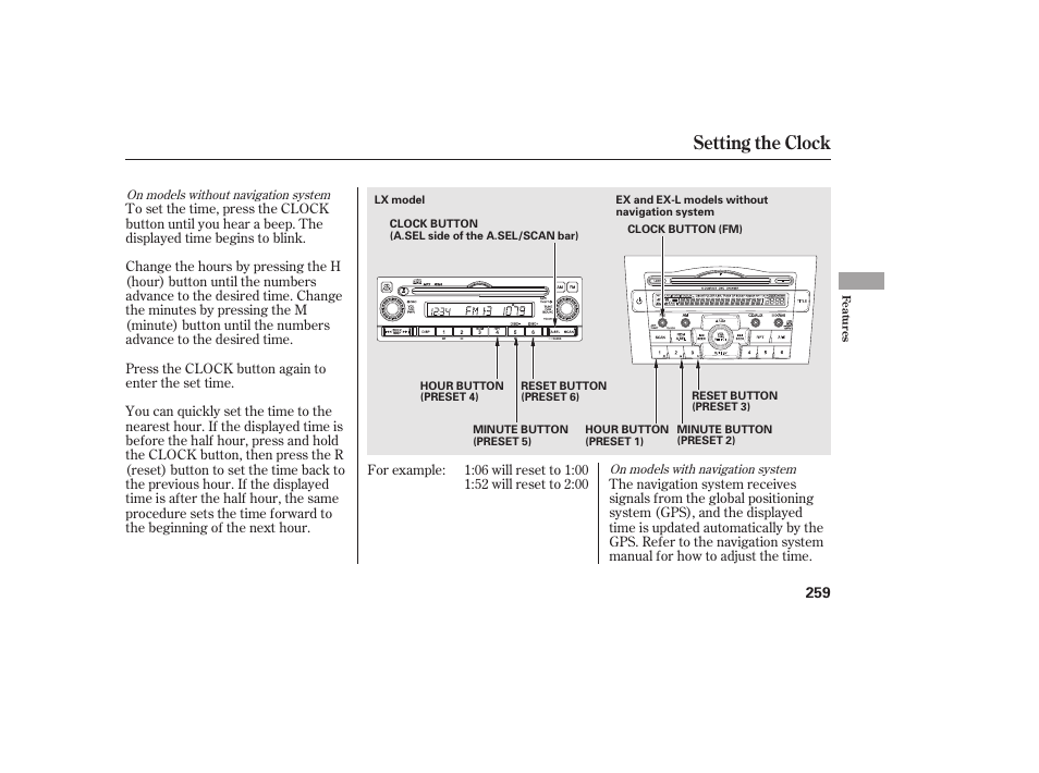 Setting the clock | HONDA 2010 CR-V User Manual | Page 265 / 446