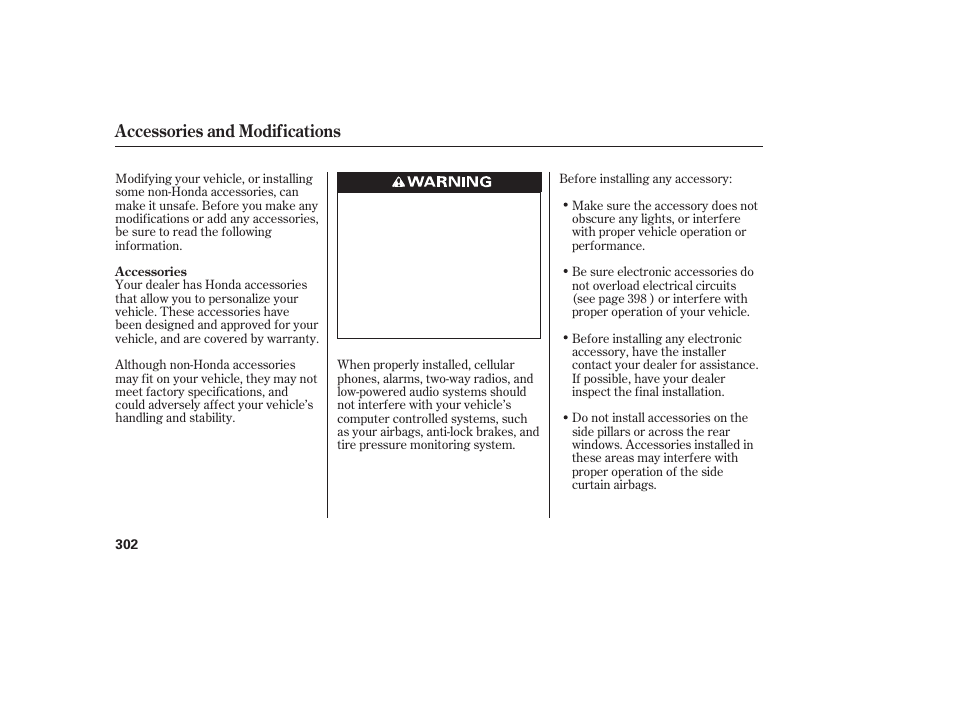 Accessories and modifications | HONDA 2010 CR-V User Manual | Page 308 / 446