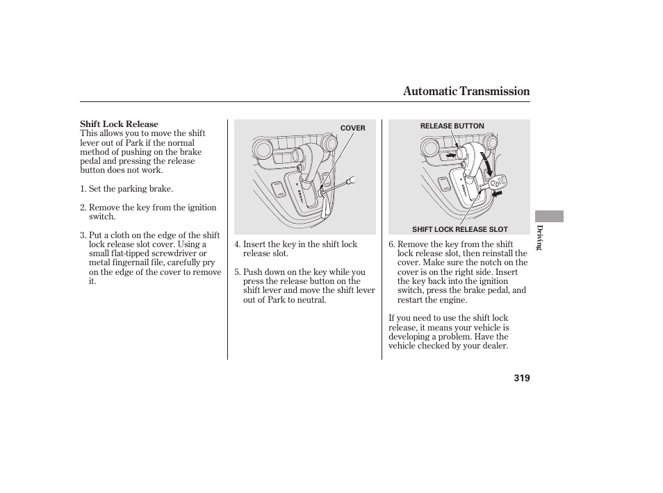 Automatic transmission | HONDA 2010 CR-V User Manual | Page 325 / 446