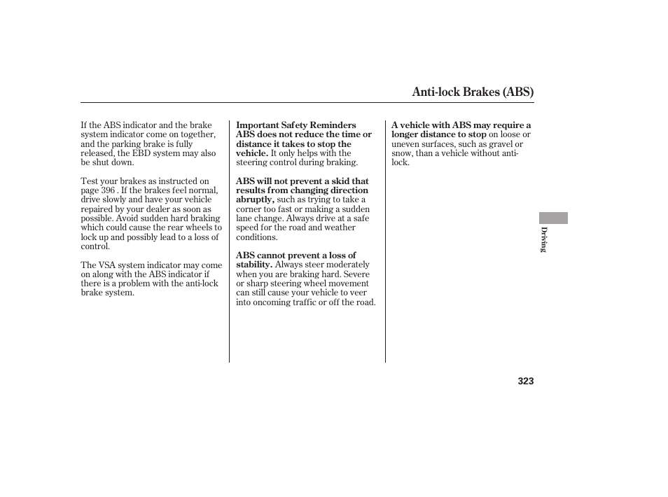 Anti-lock brakes (abs) | HONDA 2010 CR-V User Manual | Page 329 / 446