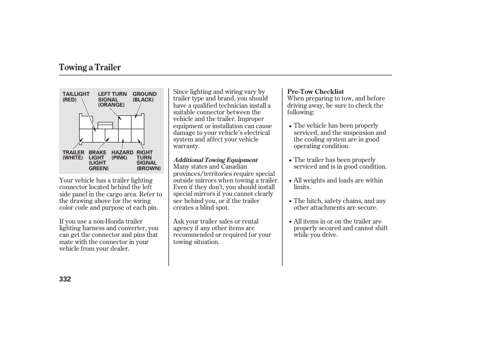 Towing a trailer | HONDA 2010 CR-V User Manual | Page 338 / 446