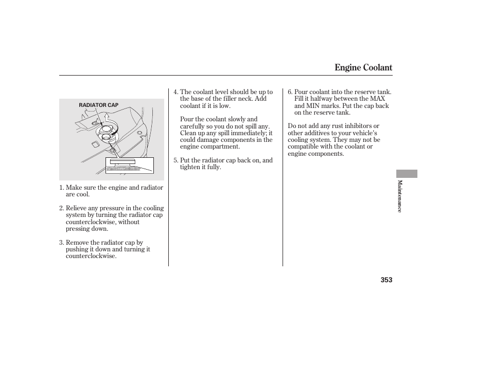 Engine coolant | HONDA 2010 CR-V User Manual | Page 359 / 446