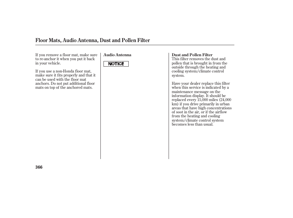 Floor mats, audio antenna, dust and pollen filter | HONDA 2010 CR-V User Manual | Page 372 / 446