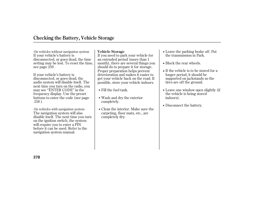 Checking the battery, vehicle storage | HONDA 2010 CR-V User Manual | Page 384 / 446