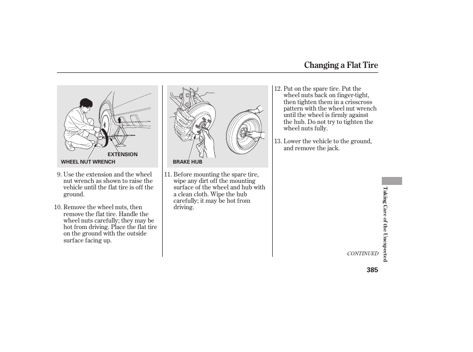 Changing a flat tire | HONDA 2010 CR-V User Manual | Page 391 / 446