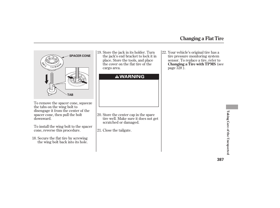 Changing a flat tire | HONDA 2010 CR-V User Manual | Page 393 / 446