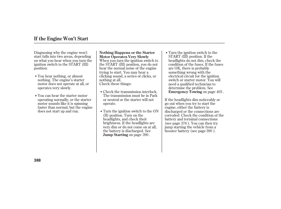 If the engine won’t start | HONDA 2010 CR-V User Manual | Page 394 / 446