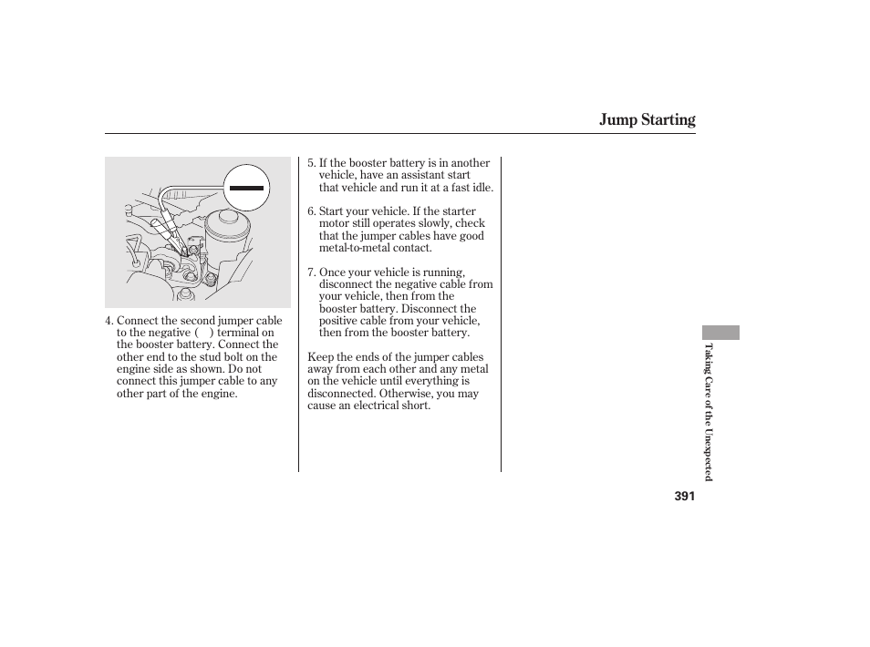 Jump starting | HONDA 2010 CR-V User Manual | Page 397 / 446