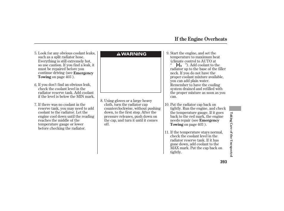 If the engine overheats | HONDA 2010 CR-V User Manual | Page 399 / 446