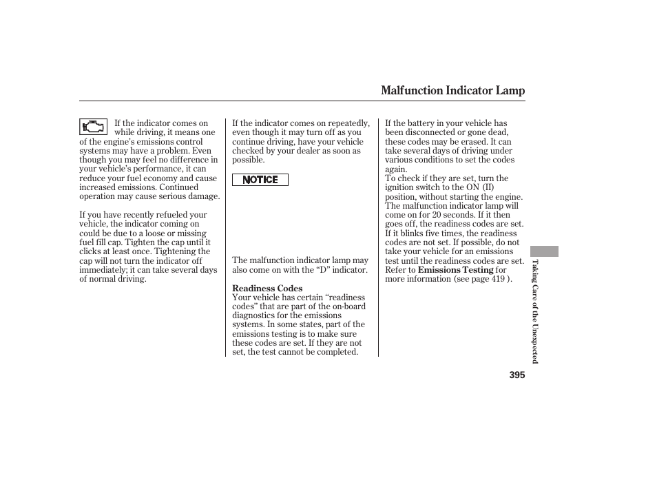 Malfunction indicator lamp | HONDA 2010 CR-V User Manual | Page 401 / 446