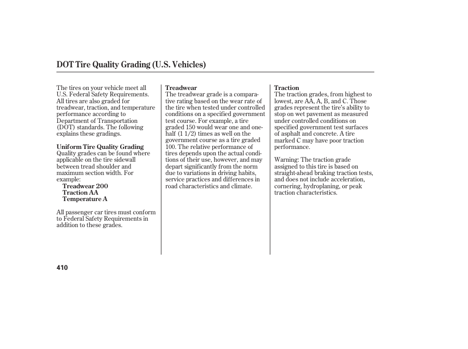 Dot tire quality grading (u.s. vehicles) | HONDA 2010 CR-V User Manual | Page 416 / 446