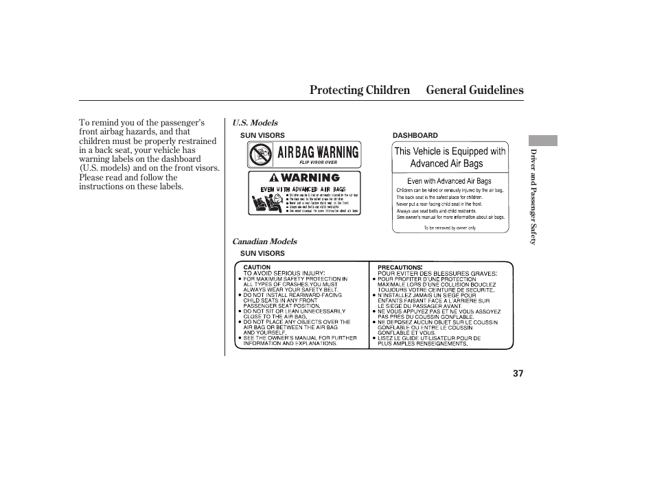 Protecting children general guidelines | HONDA 2010 CR-V User Manual | Page 43 / 446