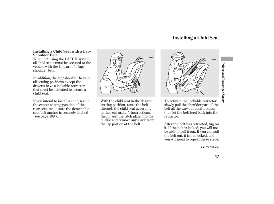 Installing a child seat | HONDA 2010 CR-V User Manual | Page 53 / 446