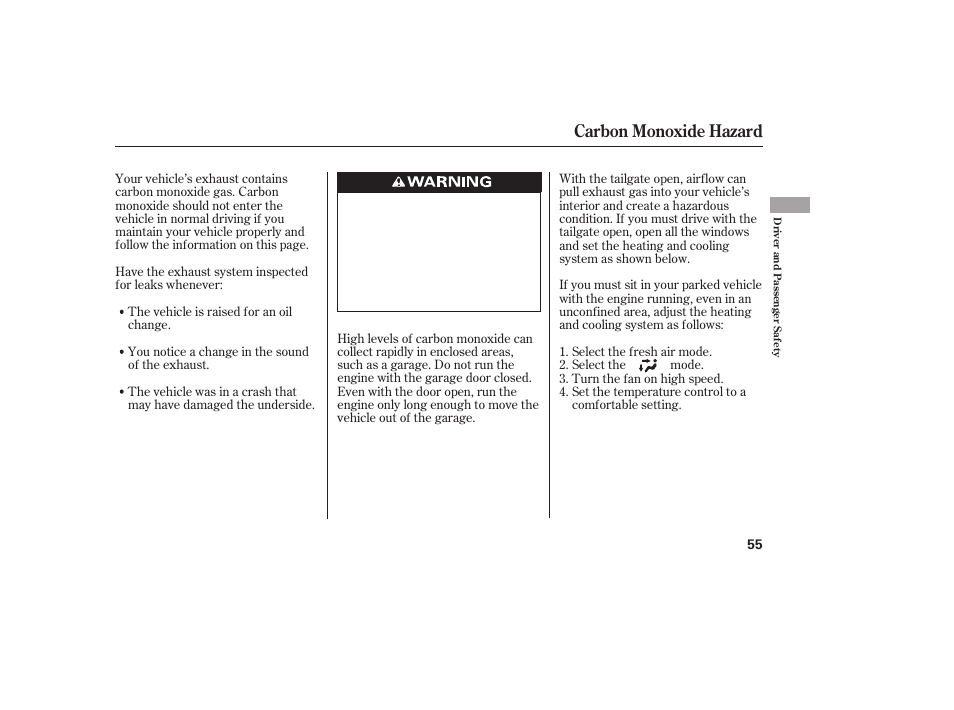 Carbon monoxide hazard | HONDA 2010 CR-V User Manual | Page 61 / 446