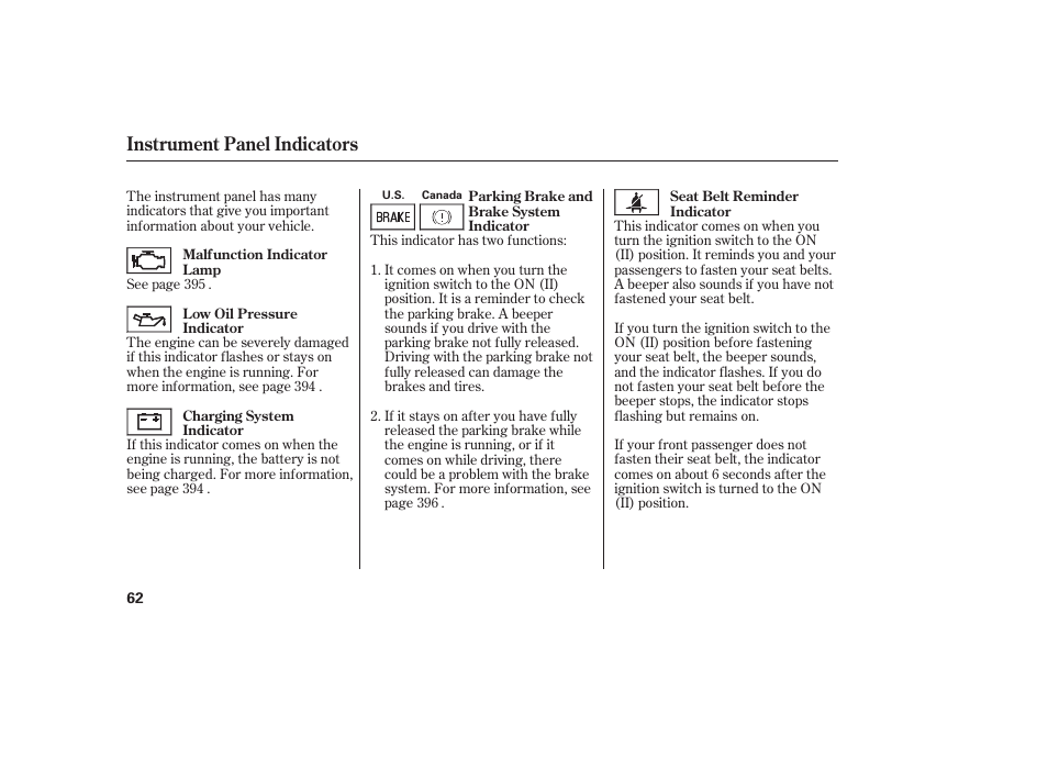 Instrument panel indicators | HONDA 2010 CR-V User Manual | Page 68 / 446