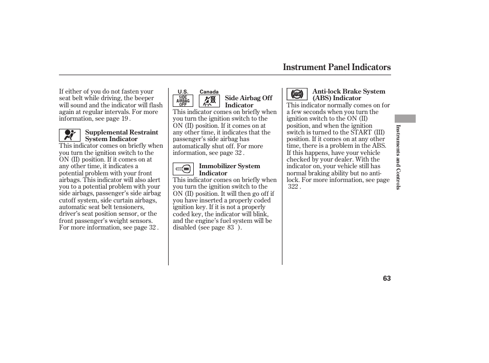 Instrument panel indicators | HONDA 2010 CR-V User Manual | Page 69 / 446