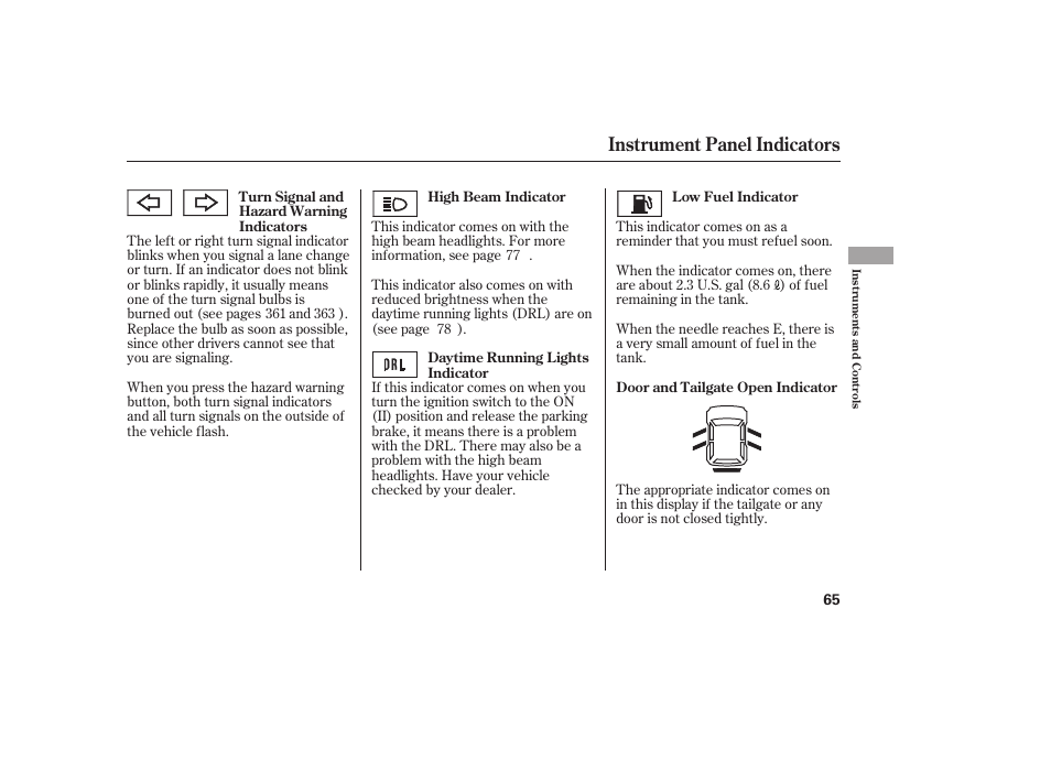 Instrument panel indicators | HONDA 2010 CR-V User Manual | Page 71 / 446