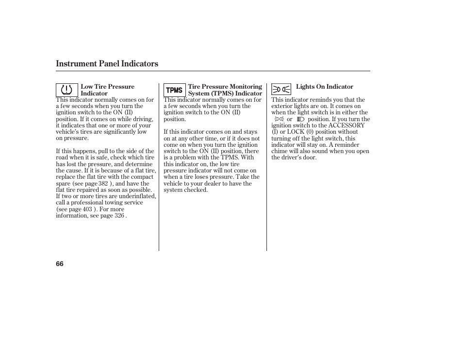 Instrument panel indicators | HONDA 2010 CR-V User Manual | Page 72 / 446