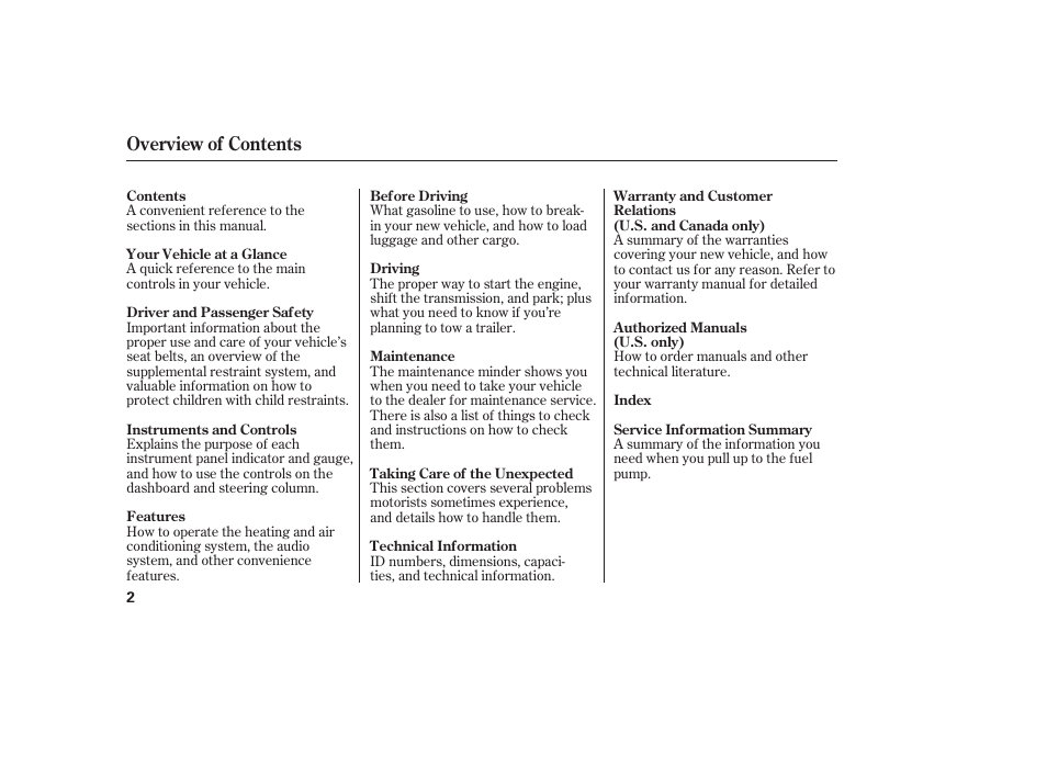 Overview of contents | HONDA 2010 CR-V User Manual | Page 8 / 446