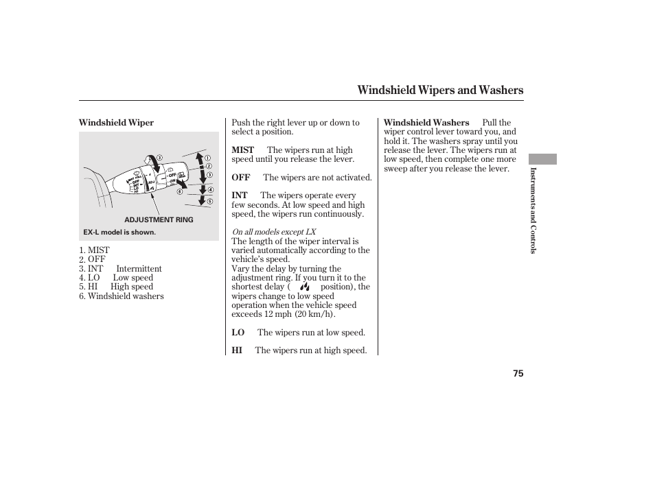 Windshield wipers and washers | HONDA 2010 CR-V User Manual | Page 81 / 446