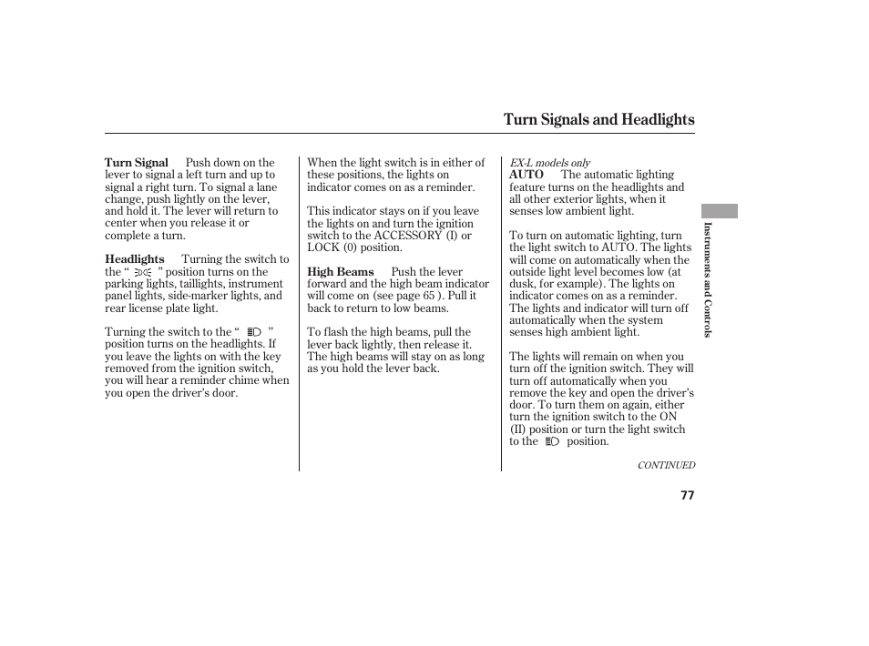 Turn signals and headlights | HONDA 2010 CR-V User Manual | Page 83 / 446