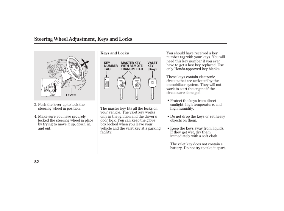 Steering wheel adjustment, keys and locks | HONDA 2010 CR-V User Manual | Page 88 / 446