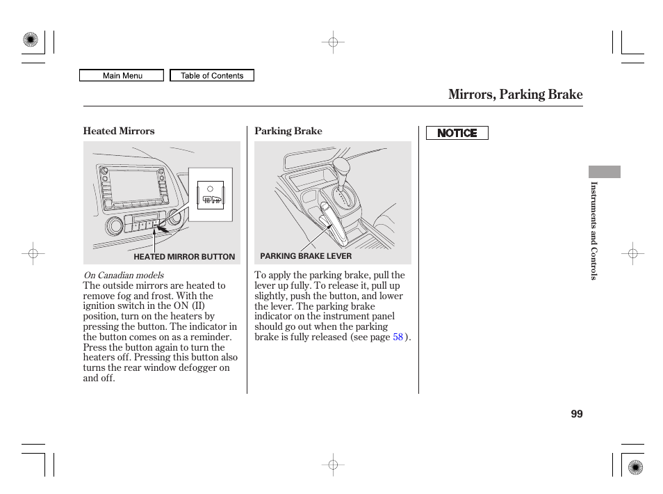 Mirrors, parking brake | HONDA 2010 Civic Hybrid User Manual | Page 102 / 368