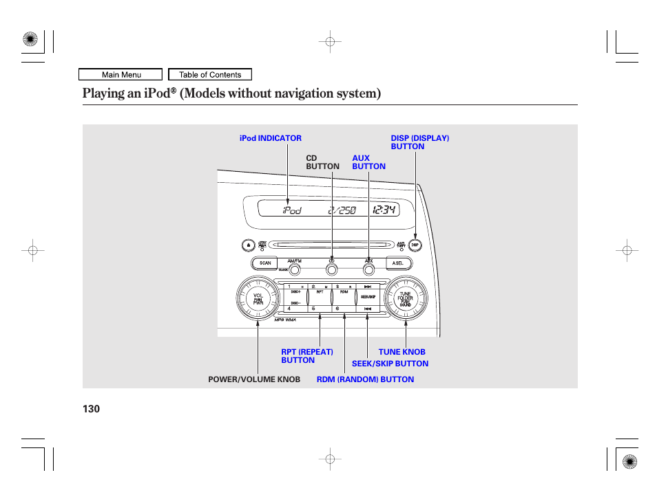 Playing an ipod (models without navigation system) | HONDA 2010 Civic Hybrid User Manual | Page 133 / 368