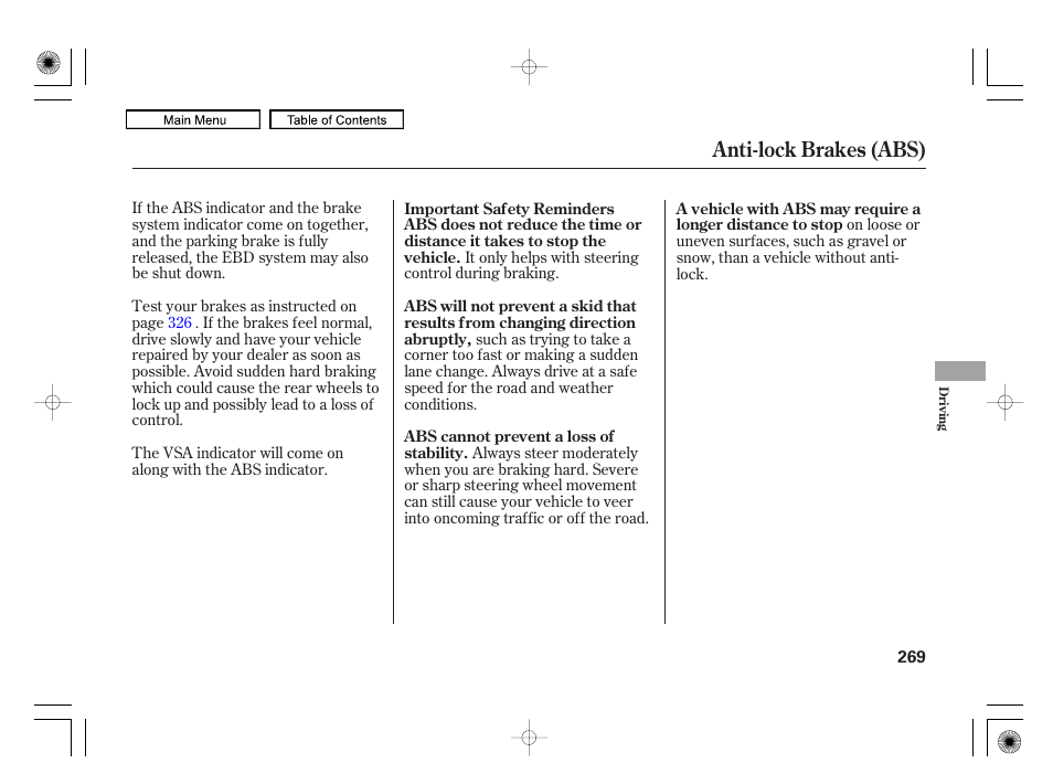 Anti-lock brakes (abs) | HONDA 2010 Civic Hybrid User Manual | Page 272 / 368