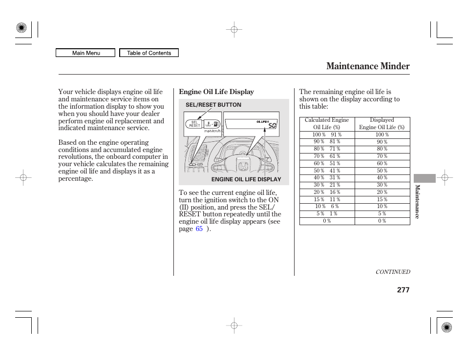 Maintenance minder | HONDA 2010 Civic Hybrid User Manual | Page 280 / 368