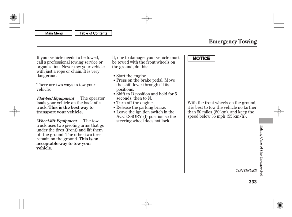 Emergency towing | HONDA 2010 Civic Hybrid User Manual | Page 336 / 368