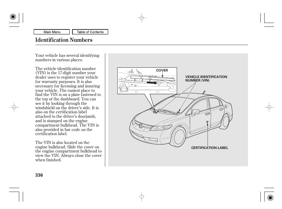 Identification numbers | HONDA 2010 Civic Hybrid User Manual | Page 339 / 368