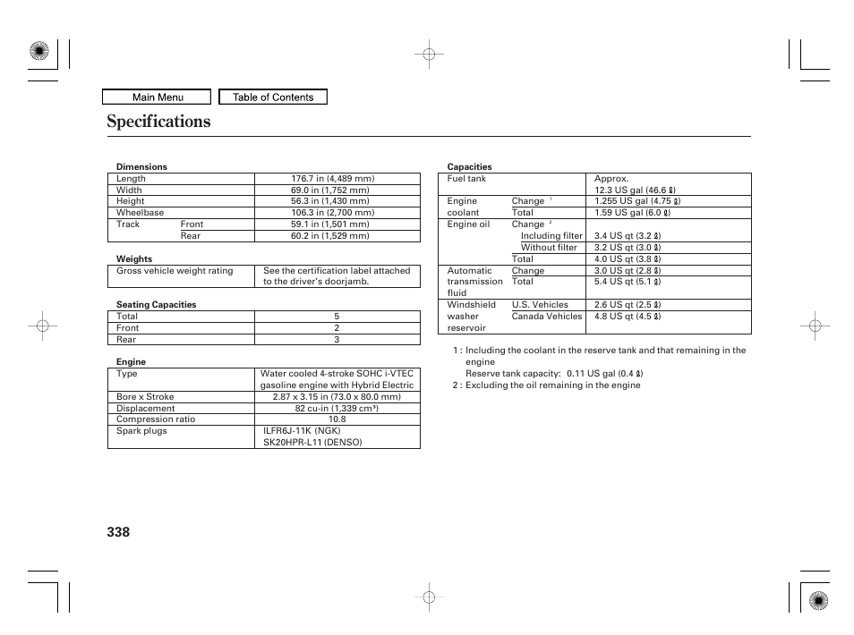 Specifications, 2010 civic hybrid | HONDA 2010 Civic Hybrid User Manual | Page 341 / 368