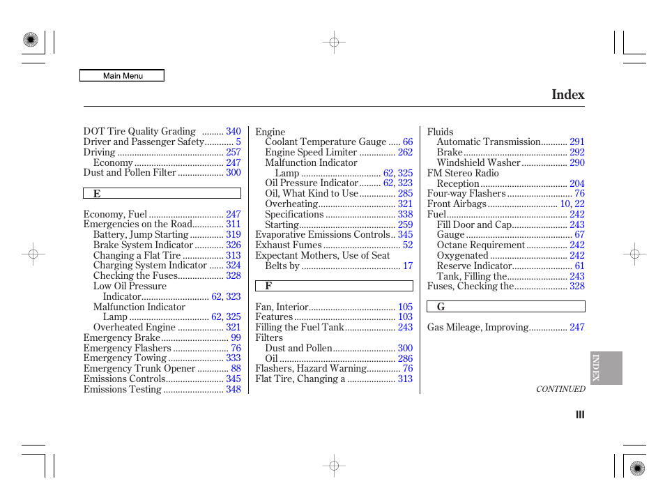 Index | HONDA 2010 Civic Hybrid User Manual | Page 361 / 368