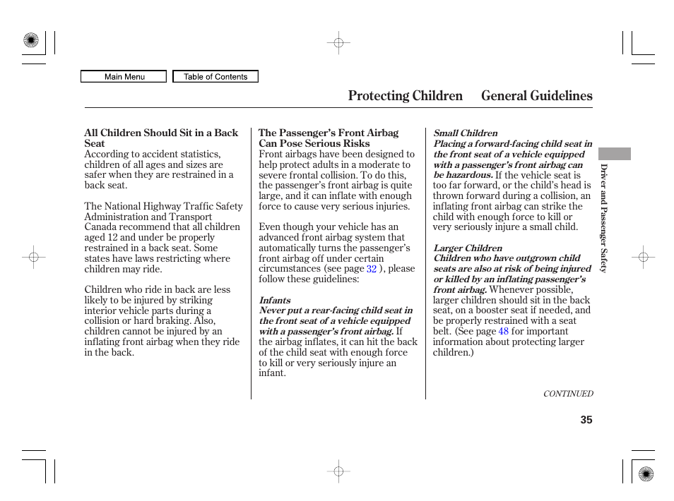 Protecting children general guidelines | HONDA 2010 Civic Hybrid User Manual | Page 38 / 368