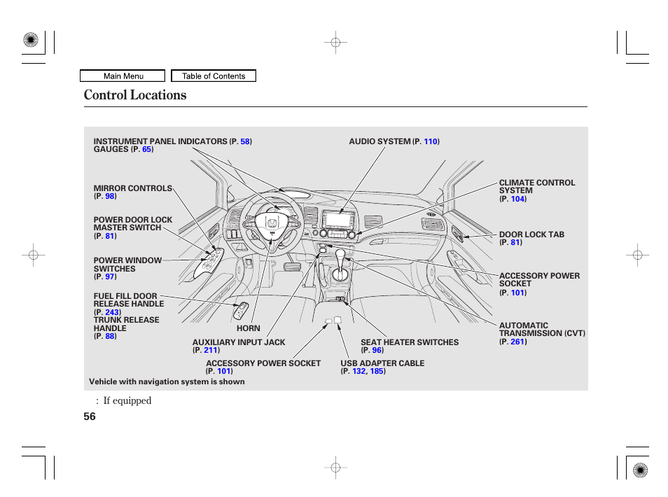 Control locations, 2010 civic hybrid | HONDA 2010 Civic Hybrid User Manual | Page 59 / 368