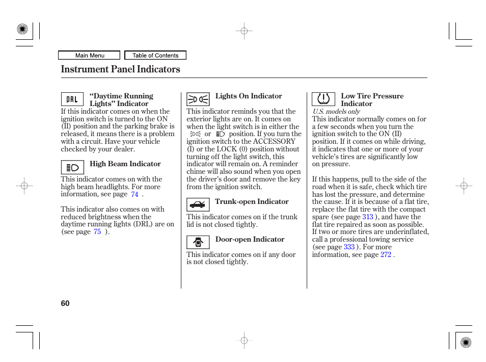 Instrument panel indicators | HONDA 2010 Civic Hybrid User Manual | Page 63 / 368