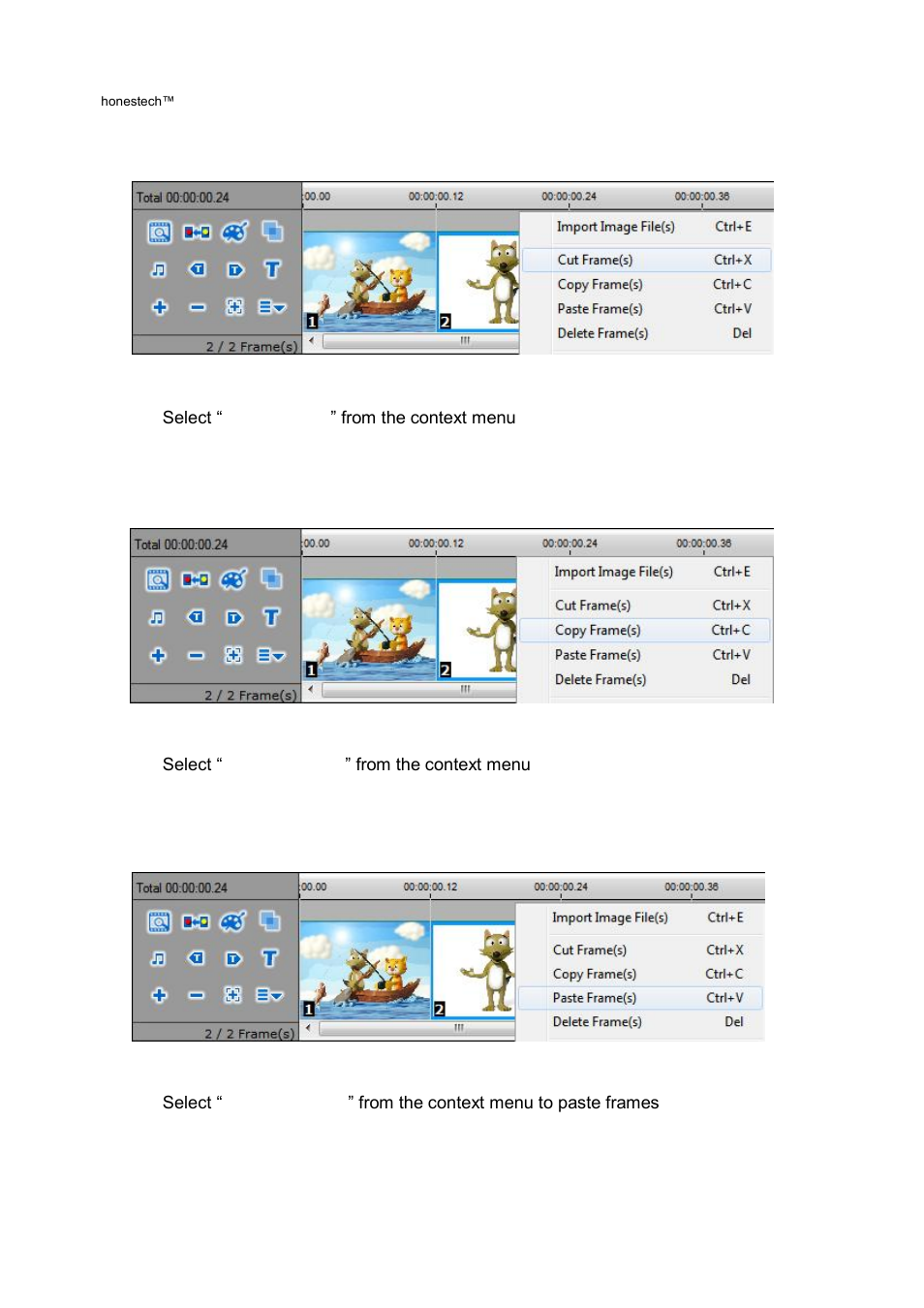 Cut frame(s), Copy frame(s), Paste frame(s) | Honestech Stopmotion Studio 4.0 User Manual | Page 32 / 46