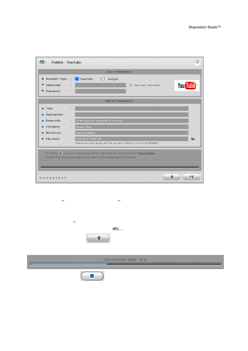 Youtube settings | Honestech Stopmotion Studio 4.0 User Manual | Page 43 / 46