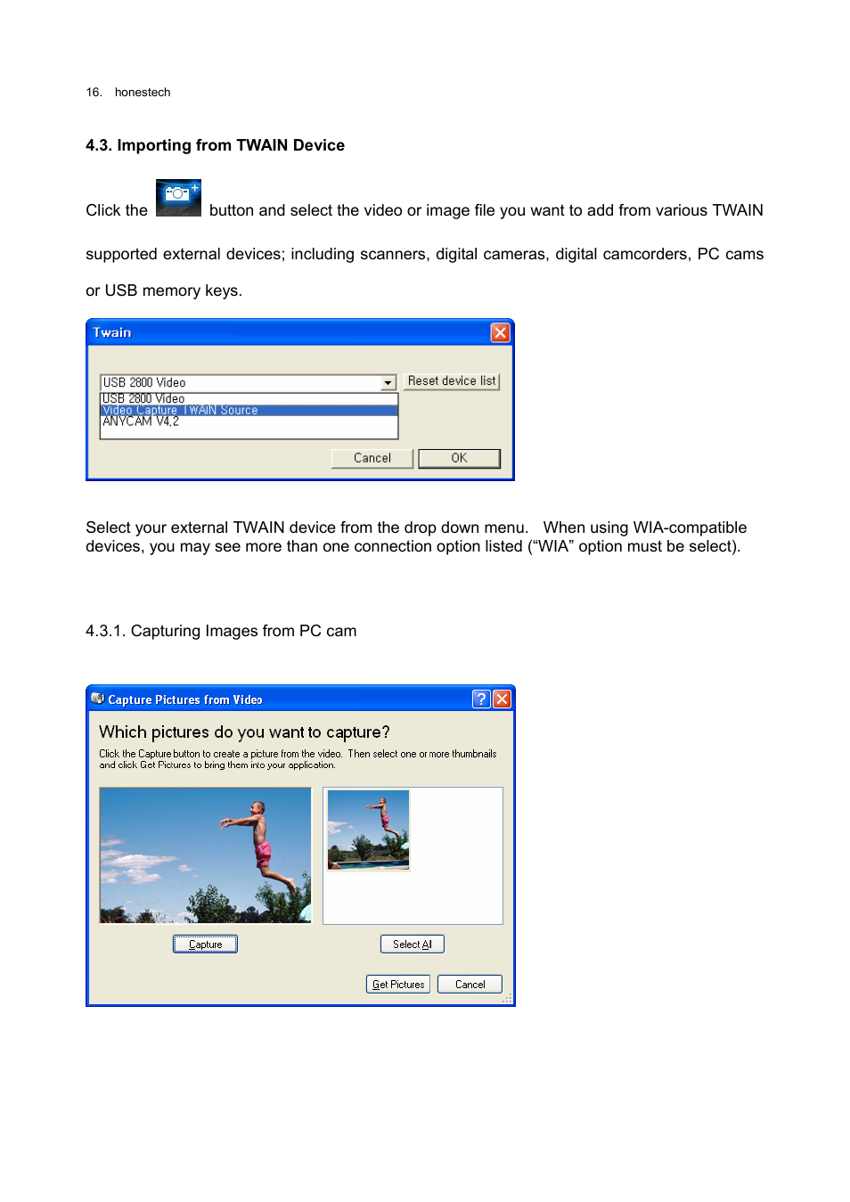 Importing from twain device, Capturing images from pc cam | Honestech Rapid Video Blogger User Manual | Page 16 / 61