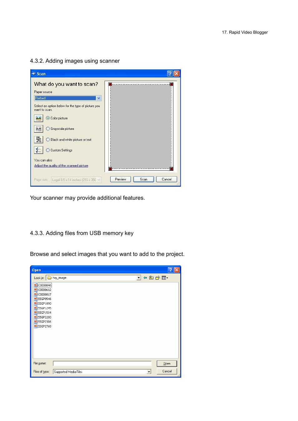 Adding images using scanner, Adding files from usb memory key | Honestech Rapid Video Blogger User Manual | Page 17 / 61