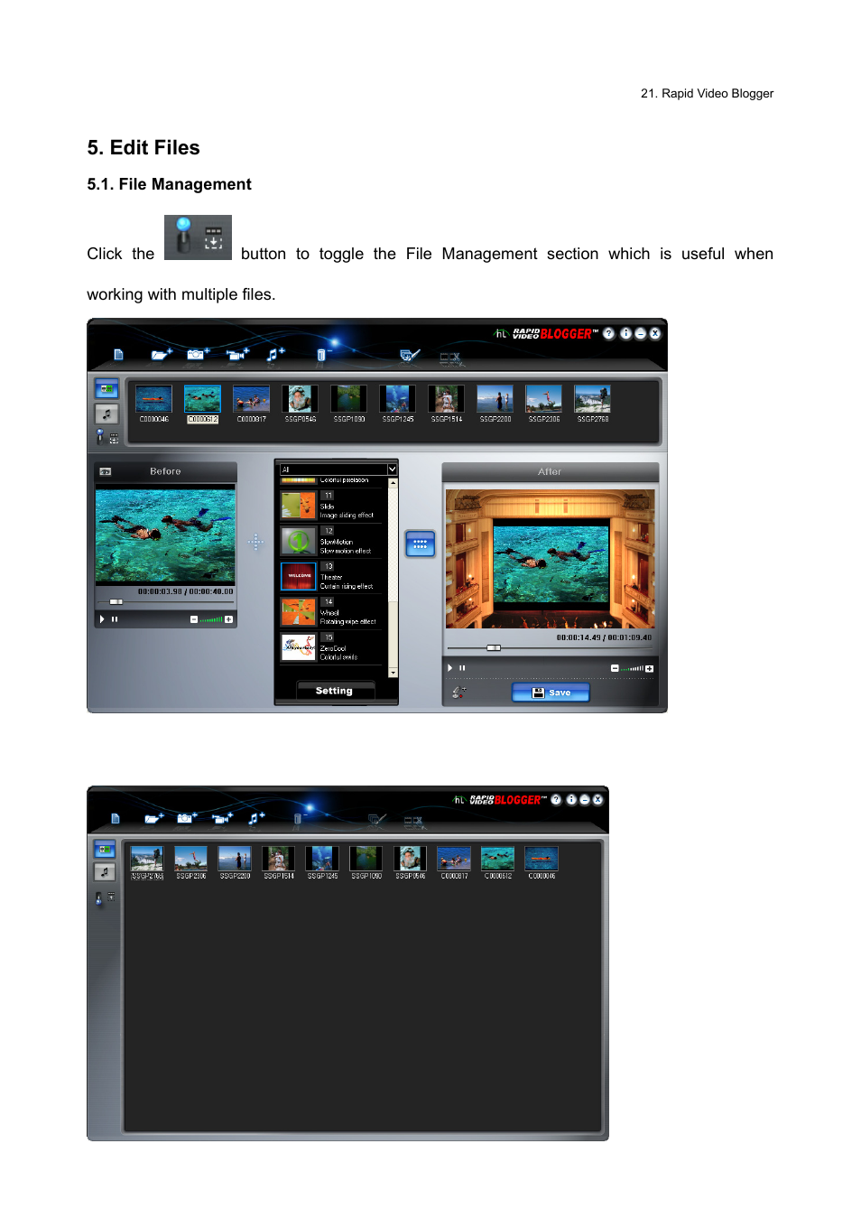 Edit files, File management | Honestech Rapid Video Blogger User Manual | Page 21 / 61