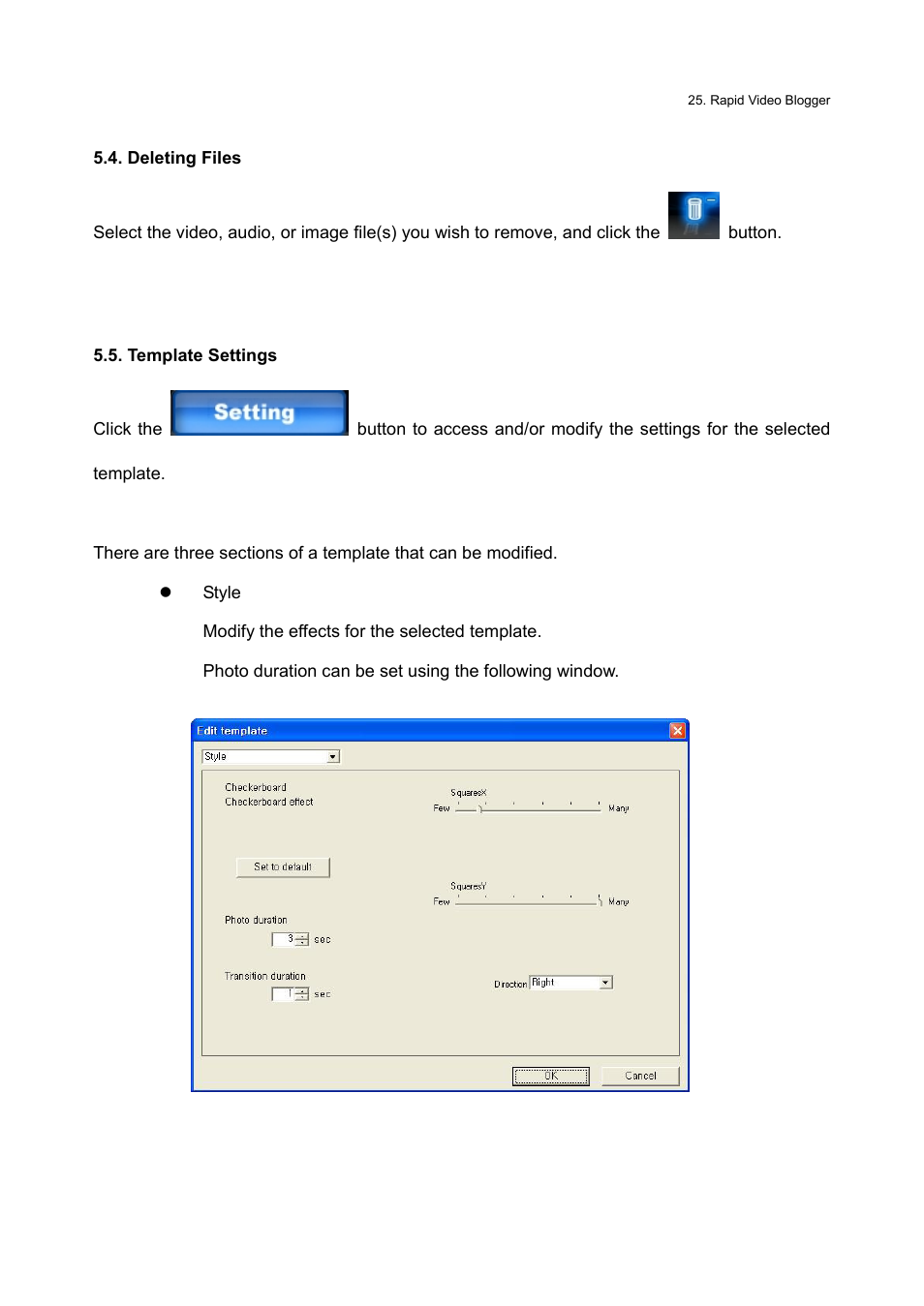 Deleting files, Template settings | Honestech Rapid Video Blogger User Manual | Page 25 / 61