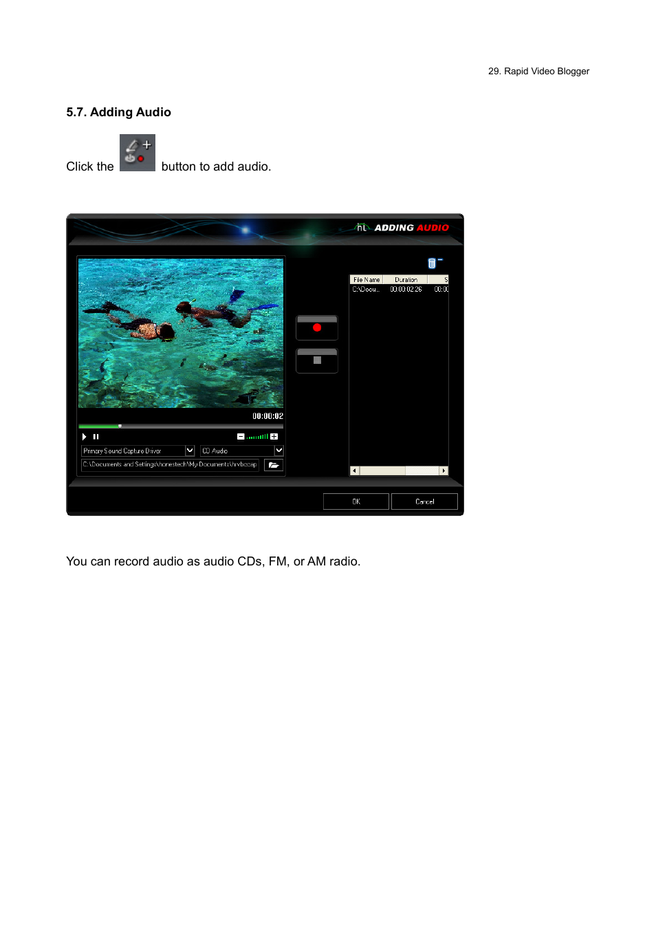 Adding audio | Honestech Rapid Video Blogger User Manual | Page 29 / 61