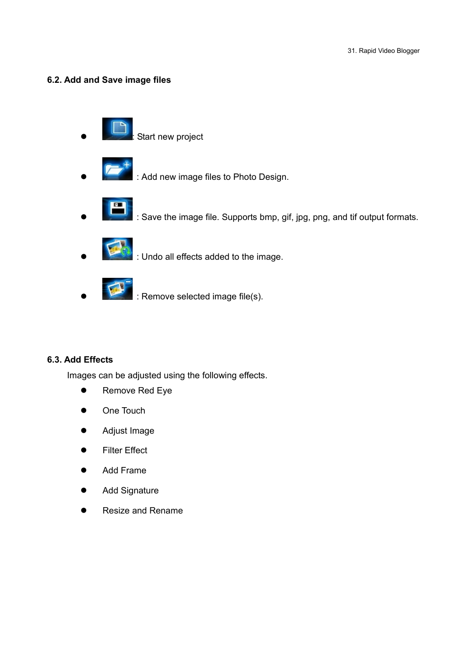 Add and save image files, Add effects | Honestech Rapid Video Blogger User Manual | Page 31 / 61