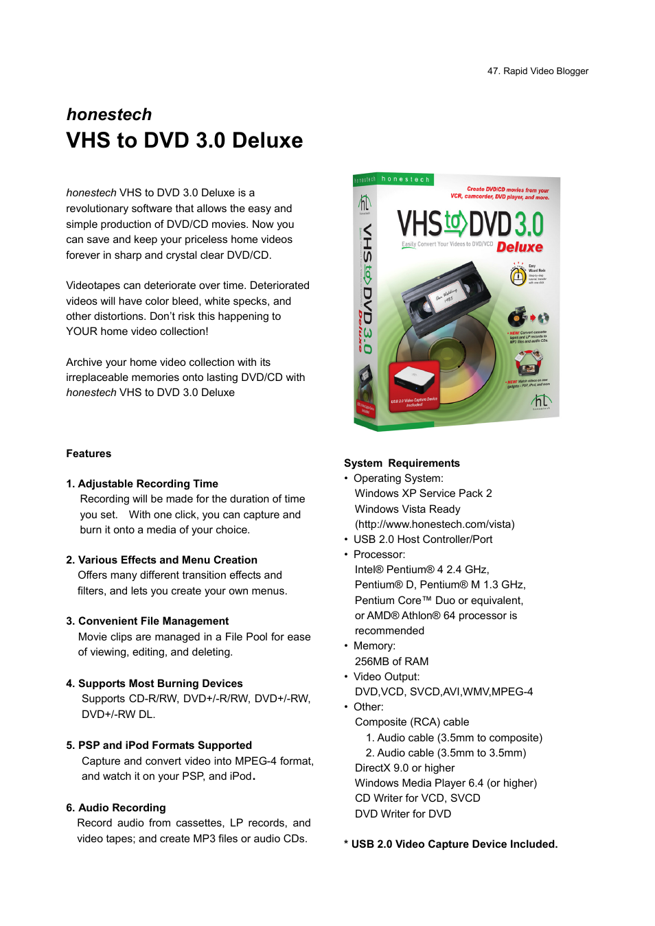 Vhs to dvd 3.0 deluxe, Honestech | Honestech Rapid Video Blogger User Manual | Page 47 / 61